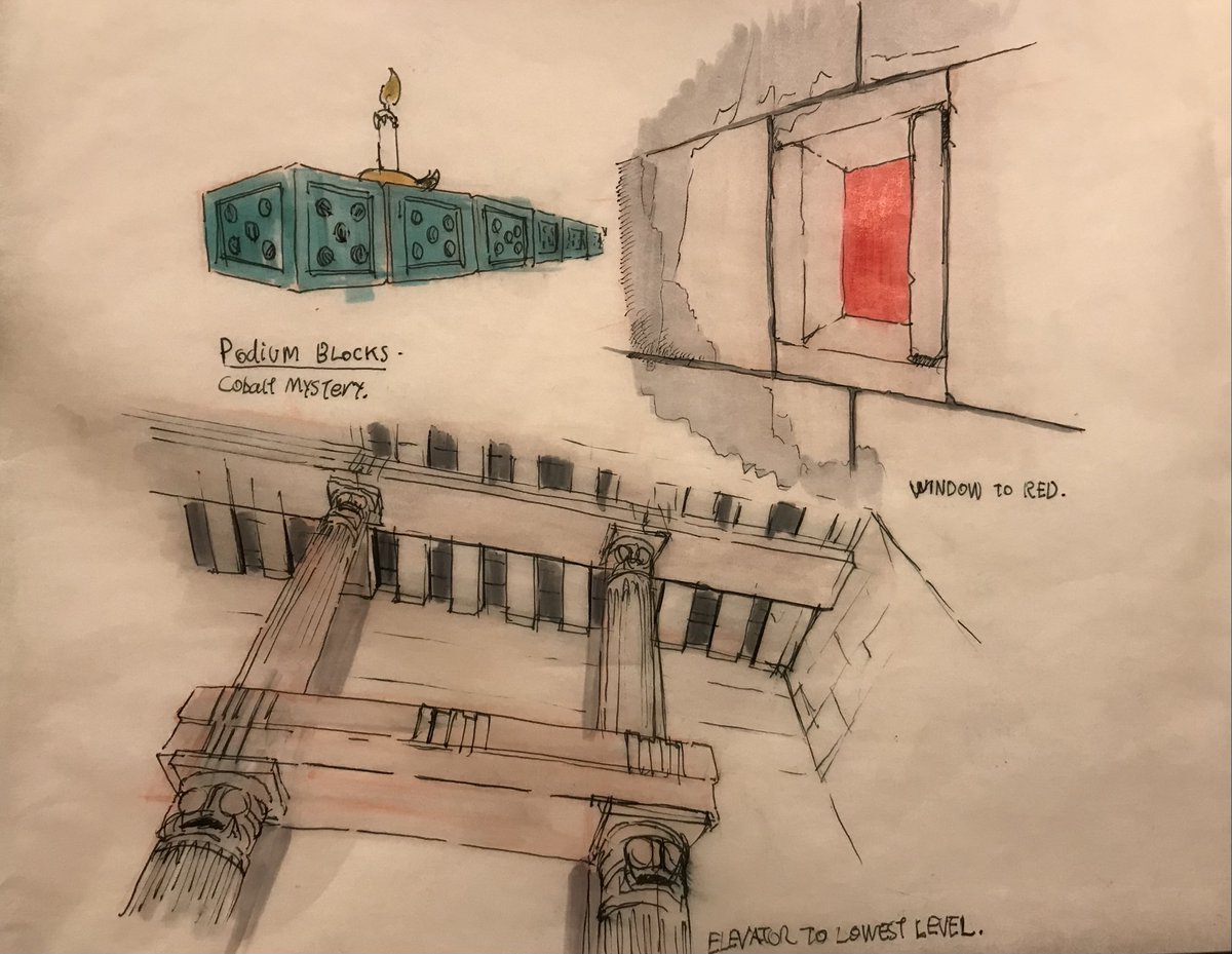 I sketched a few notable things, such as the blue platform where you find the items, the windows with the ominous red "sky" beyond, and one of the arches over an elevator. The arched window would not be in a doric style temple, so I went with something rectangular.