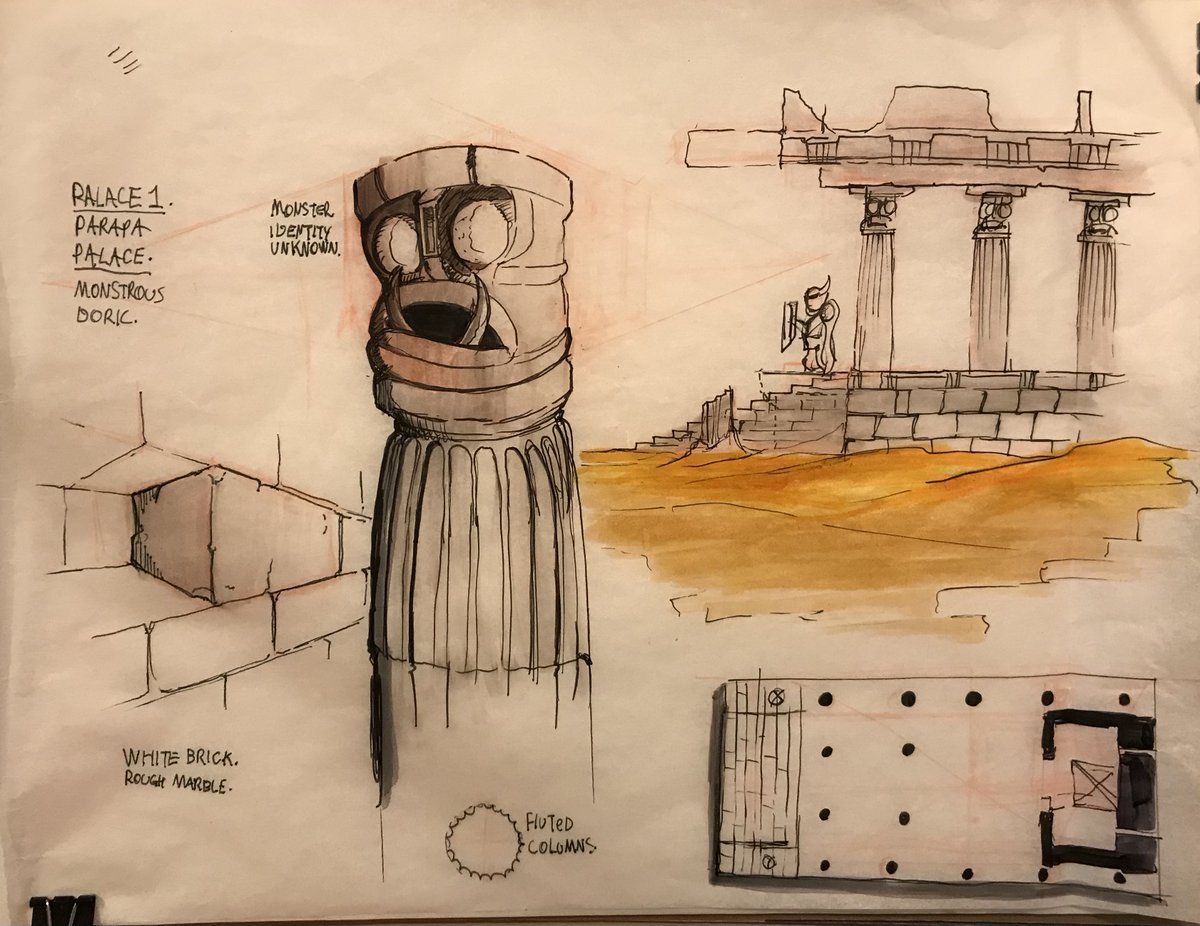 Since it's the first I associated with the the Doric order, and gave the columns a more stout, heavy look, and a capital suitable for this, while giving the monster face more detail and shape. I looked at Greek temple layouts, and came up with a rough entrance floorplan.