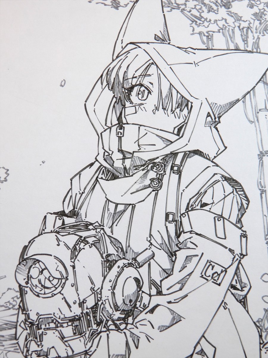 線画。暗い絵で、目の下にクマを入れてます。 