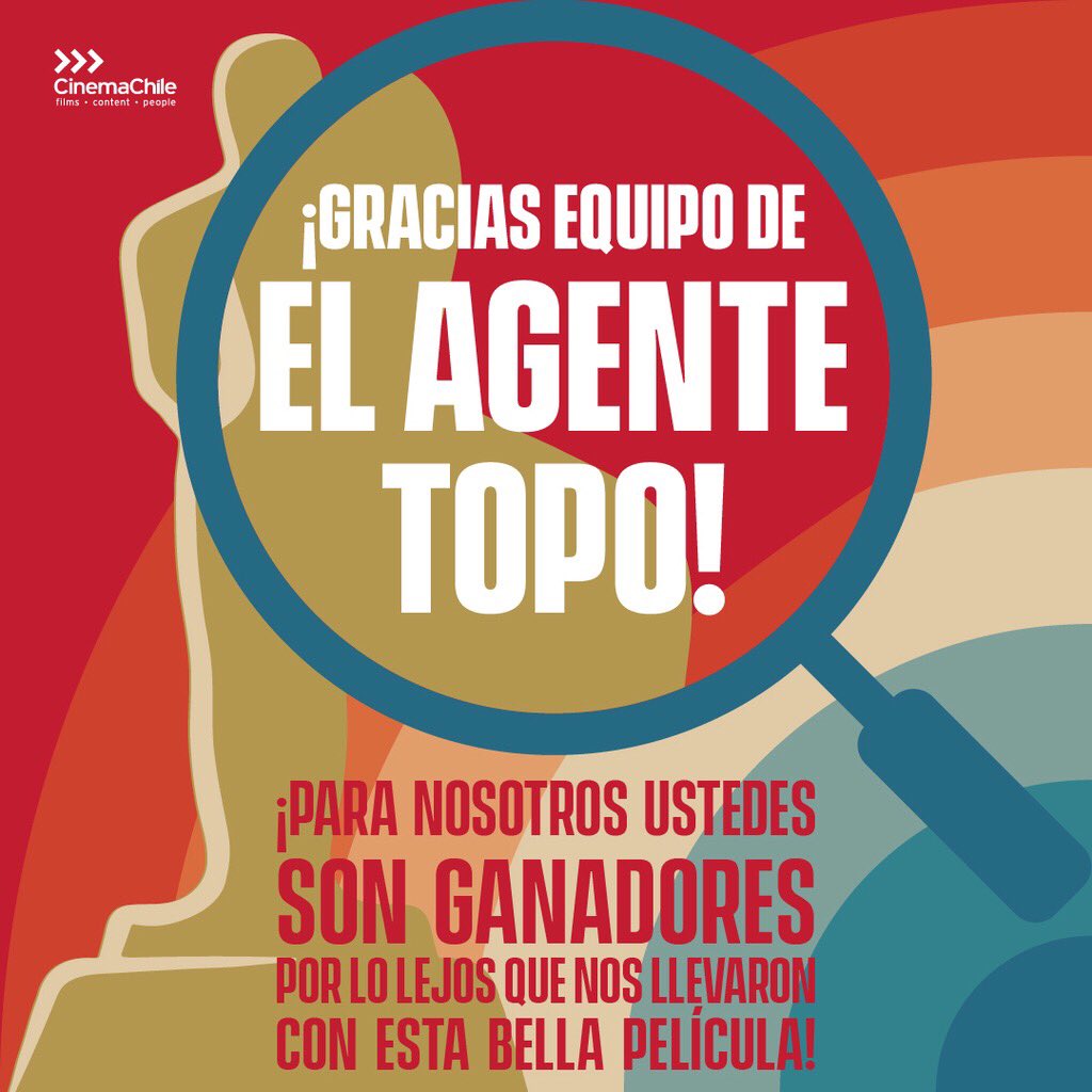 cinemachile's tweet photo. ¡El equipo CinemaChile felicita a El Agente Topo @moleagentfilm por los logros históricos a los que llegaron, abriendo camino para el documental chileno y las mujeres cineastas! ¡Para nosotros, ustedes son ganadores! Hoy y siempre! @lamaitealberdi ❤️ https://t.co/BIxuYZf3t5