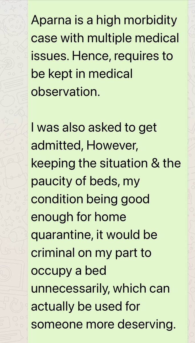 Remdesivir/ Tozulucimab/ Plasma Therapy etc etc all experimental treatment - so if you are not receiving is not a big deal.Aparna needed initial admission in MH, Corps Cdr asked me why I refused admission, my reply is attached.She was discharged on 3rd day, home quarantined.