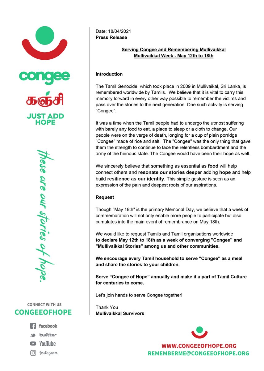 congeeofhope's tweet photo. This is our Press Release (18-04-2021) from the "Congee of Hope" organizing team (By Mullivaikkal Survivors). We formally request everyone to serve Congee as a Symbol of Hope during the week of May 12th to 18th and Remember Mullivaikkal. #CongeeofHope #MullivaikkalCongee #Tamil https://t.co/0PdOZI7qB4
