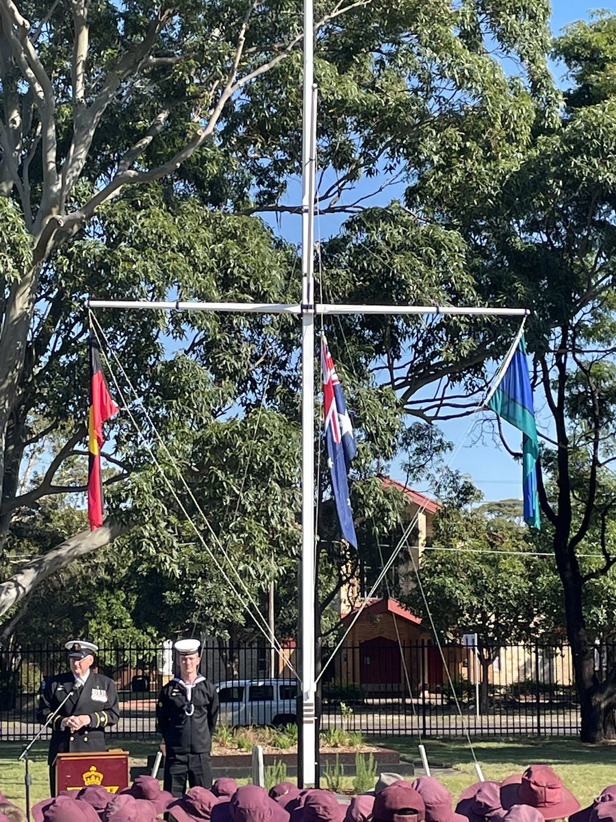 daceyville's tweet photo. We had a very special ANZAC Day assembly this morning under the flagpole from HMAS Parramatta 1. It was wonderful to be joined by representatives from HMAS Watson and @MThistlethwaite What a moving way to start the week. https://t.co/KLQOWhGh2O