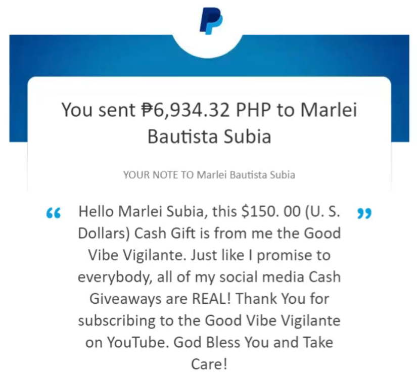 whoisgvv's tweet photo. Hello My #Twitter #Friends it's me the #GoodVibeVigilante. Just like I promised I would do, I sent $150 dollars to Marlei Subia who is one of my lucky #CashGiveaway winners! Here is a picture of what I sent to her right now. #PayPal #Venmo #Money #Giveaways #TheGVV #Subscribe https://t.co/2EoA5VT8rj