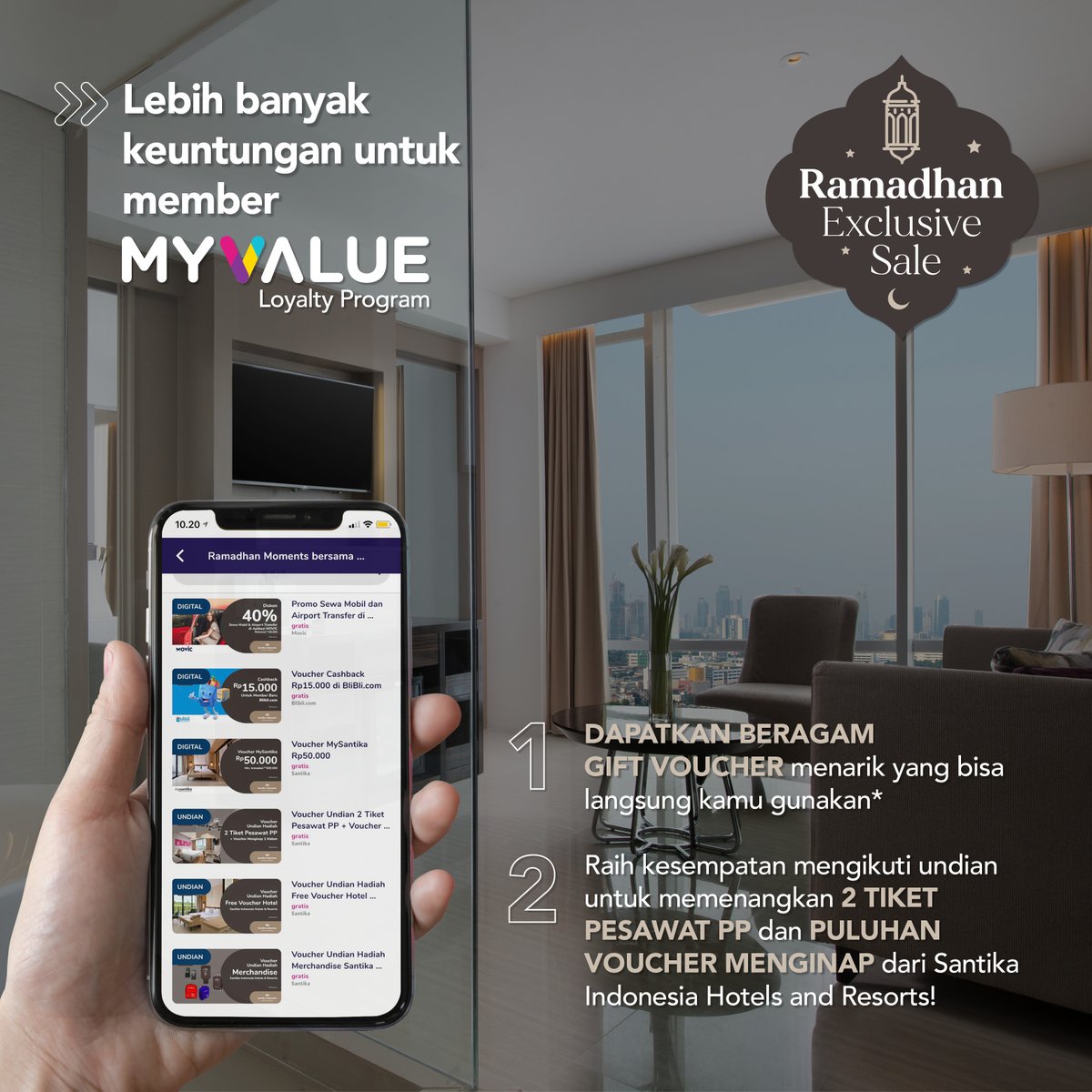 Ramadhan Exclusive Sale TELAH HADIR!

Menginap di Santika Indonesia Hotels &amp; Resorts hingga 31 Mei 2021 dan dapatkan keuntungan, mulai dari gift voucher, hingga kesempatan memenangkan undian berhadiah tiket pesawat PP &amp; voucher menginap!

Klik link di bio untuk info lebih lanjut!