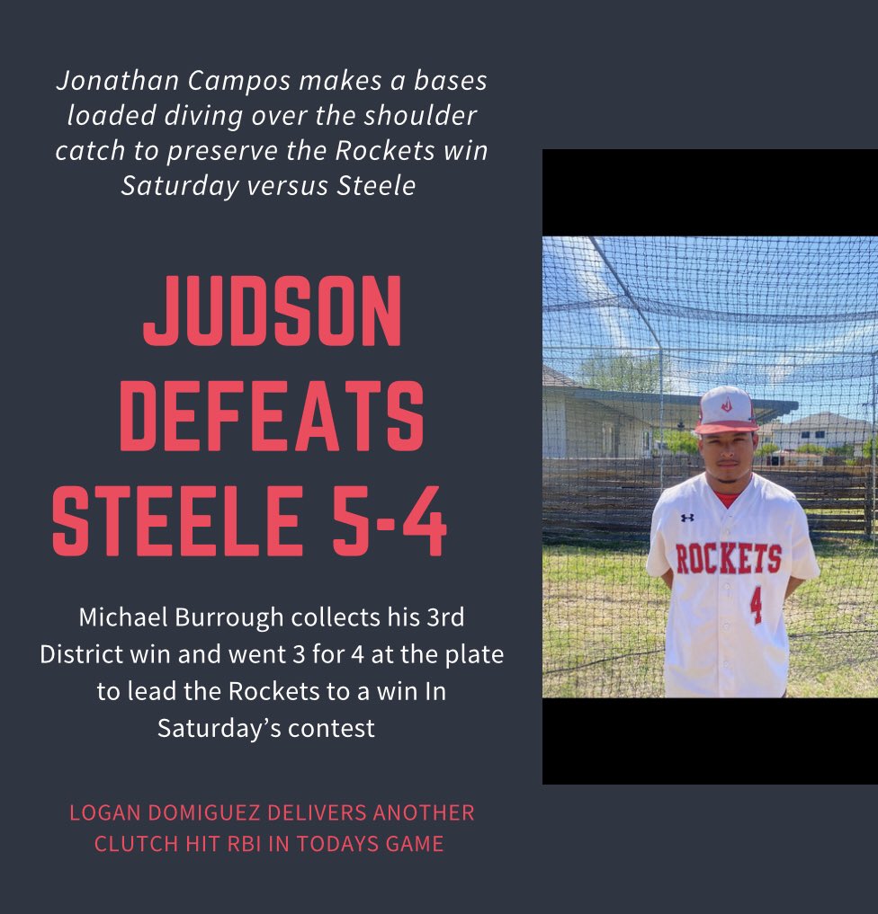 The Rockets won their fourth District game Saturday sweeping the Steele Knights 5-4,behind the pitching of Johnny Ortiz and Michael Burroughs who collected 3 hits and Kameron Lopez who went 2 for 2 at the plate.