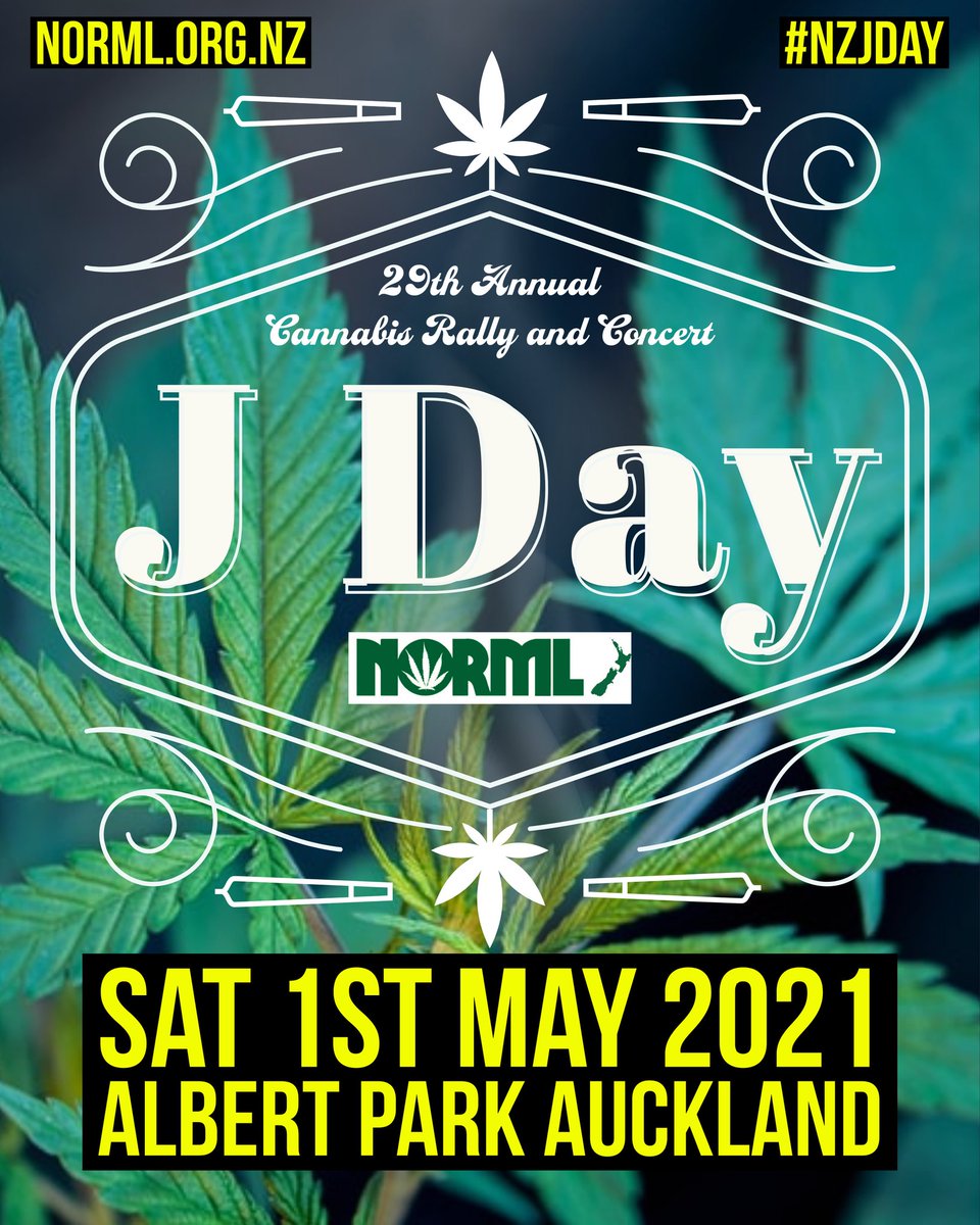 New Zealand's national day of cannabis, J Day, is next Saturday 1st May. Join us at free events in Auckland, Hastings, Wellington, Christchurch and Dunedin. R18, no alcohol, zero waste. Info at norml.org.nz #nzjday
