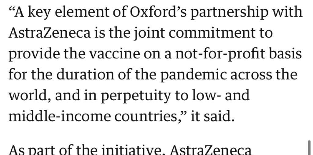 Let’s start with Covishield, the Oxford-AstraZeneca vaccine which is 97% public funded @AstraZeneca and  @UniofOxford committed to distributing this vaccine ‘at cost price’. Why did the partnership renege — or allow its partners to — renege on this?   https://www.theguardian.com/global-development/2020/nov/23/oxford-astrazeneca-results-covid-vaccine-developing-countries