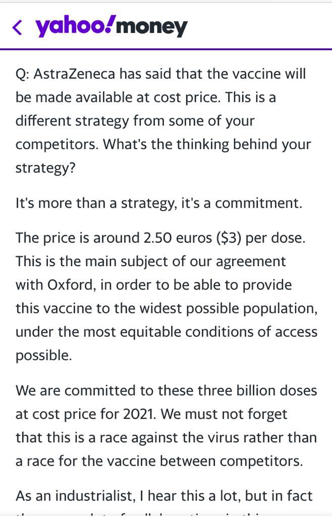 More on that "commitment" here   @UniofOxford must hold AZ (and other manufacturing partners such as SII) to account on what according to this AZ exec is "the main subject of our arrangement with Oxford" https://money.yahoo.com/astrazeneca-promises-virus-vaccine-cost-193321628.html