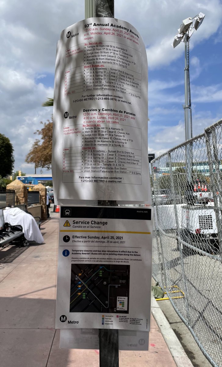 For people asking if I saw any signage. Absolutely nothing for pedestrian detours. Bus stops had a long list of information taped to posts. Some station-specific signage but only inside  #Oscars  