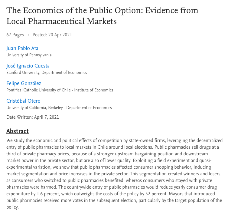 Junto a Juan Pablo Atal (U. Penn), José Ignacio Cuesta (U. Stanford), y  @fagonza4 (PUC-Chile) estudiamos esta pregunta en “The Economics of the Public Option: Evidence from Local Pharmaceutical Markets”, disponible en  https://papers.ssrn.com/sol3/pape...