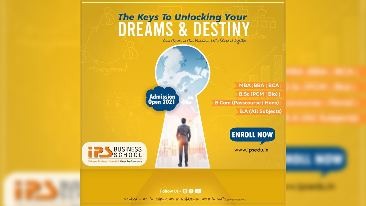 ipsjaipur's tweet photo. The #Keys to #unlocking your #Dreams & #Destiny
#Admissions_Open 2021 (#MBA | #BBA | #BCA | #BCom | #BSc | #BA) - IPS BUSINESS SCHOOL
Call / WhatsApp Now : 8233970000
#IPS_BUSINESS_SCHOOL | #IPS_College | #AdmissionsOpen #admissionopen2021_2022
https://t.co/b5rOxn8xS3 https://t.co/sWgUCL4BpB