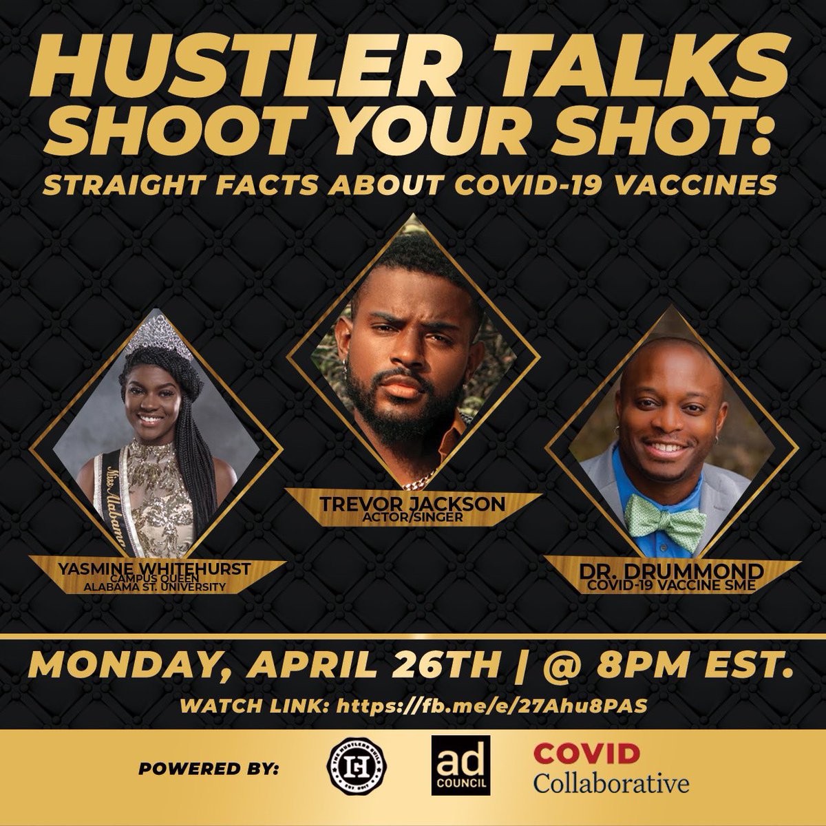 TevonBlair's tweet photo. Shoot Your Shot💉
Get your questions answered about the COVID-19 Vaccine! Hosted by HBCU campus Queens, SGA leaders, and medical experts.
You miss 100% of the shots you don’t take ⛹️
#HustlersGuild #AdCouncil #COVIDCollaborative #COVIDVACCINE #HBCU #ItsUpToYou @Unite_Inc https://t.co/FLpwbfl3Yw