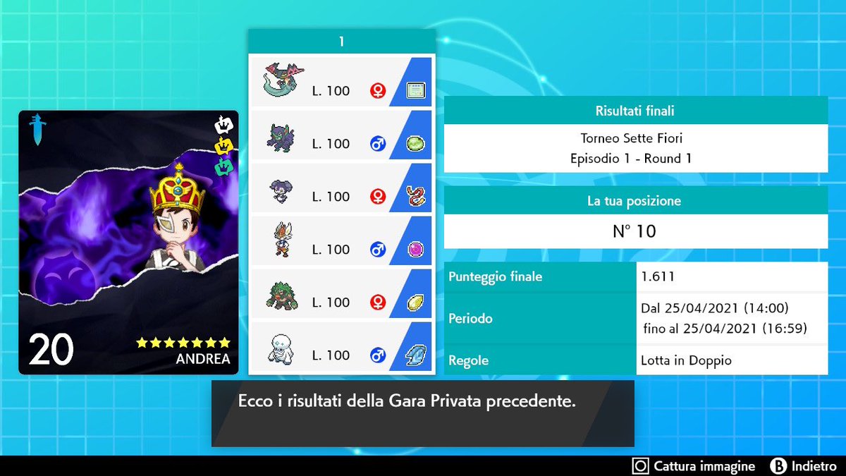 Chiuso in top 10 la prima edizione del torneo dei sette fiori , grazie a <a href="/Cydonia_PM/">Francesco Cilurzo</a> per aver organizzato questo torneo , ma sopratutto a grimm che oltre ad avermi rubato la corona ha protetto i miei pokemon mentre facevamo massacri