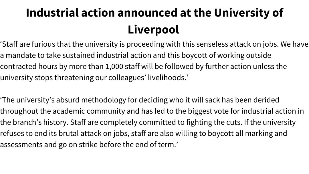 🚨PRESS RELEASE🚨

Over 1,000 UCU members at the University of Liverpool are expected to take industrial action for up to five months in a row over job cuts. 

<a href="/ULivUCU2/">University of Liverpool UCU #CeasefireNow</a> <a href="/AntOH1988/">Anthony</a> <a href="/LivEchonews/">Liverpool Echo</a> 

Full story: ucu.org.uk/article/11518/…