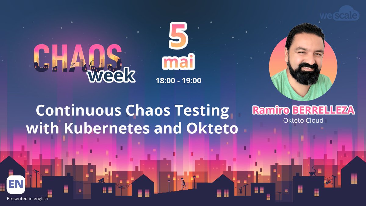Chaos_week's tweet image. [#Chaosweek] 📢 Le 5 mai prochain à 18h, venez assister au talk de @rberrelleza de chez @oktetohq : &quot;Continuous Chaos Testing with #Kubernetes and Okteto&quot;. #ChaosEngineering Inscrivez-vous dès maintenant : hubs.ly/H0LGqP00
