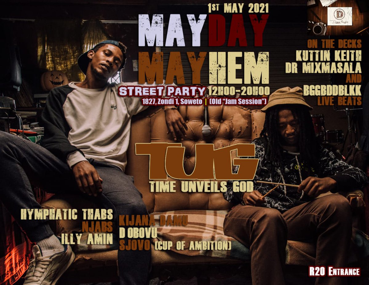 Official Poster for the TUG Street/Block Party. 

Headlining the party will be TUG playing cuts off their recently recorded album. 

Featuring:
Hymphatic Thabz
Illy Amin
D Obovu
Sjovo CupofAmbition
Njabz

With special selektahs on the decks:
Kutting Keith
Dr Mix Masala
BGGBDDBLKK