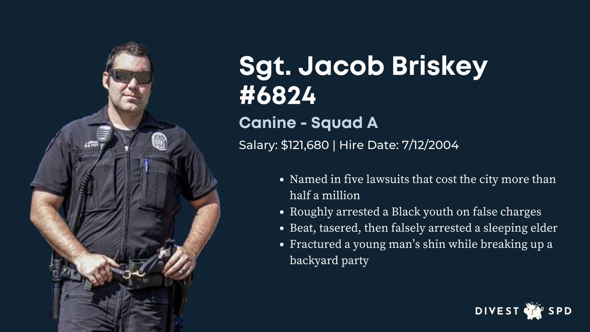 One is K9 Acting Sergeant Jake Briskey. Briskey has been named in five different successful civil rights lawsuits for excessive force and wrongful arrest. (2/)