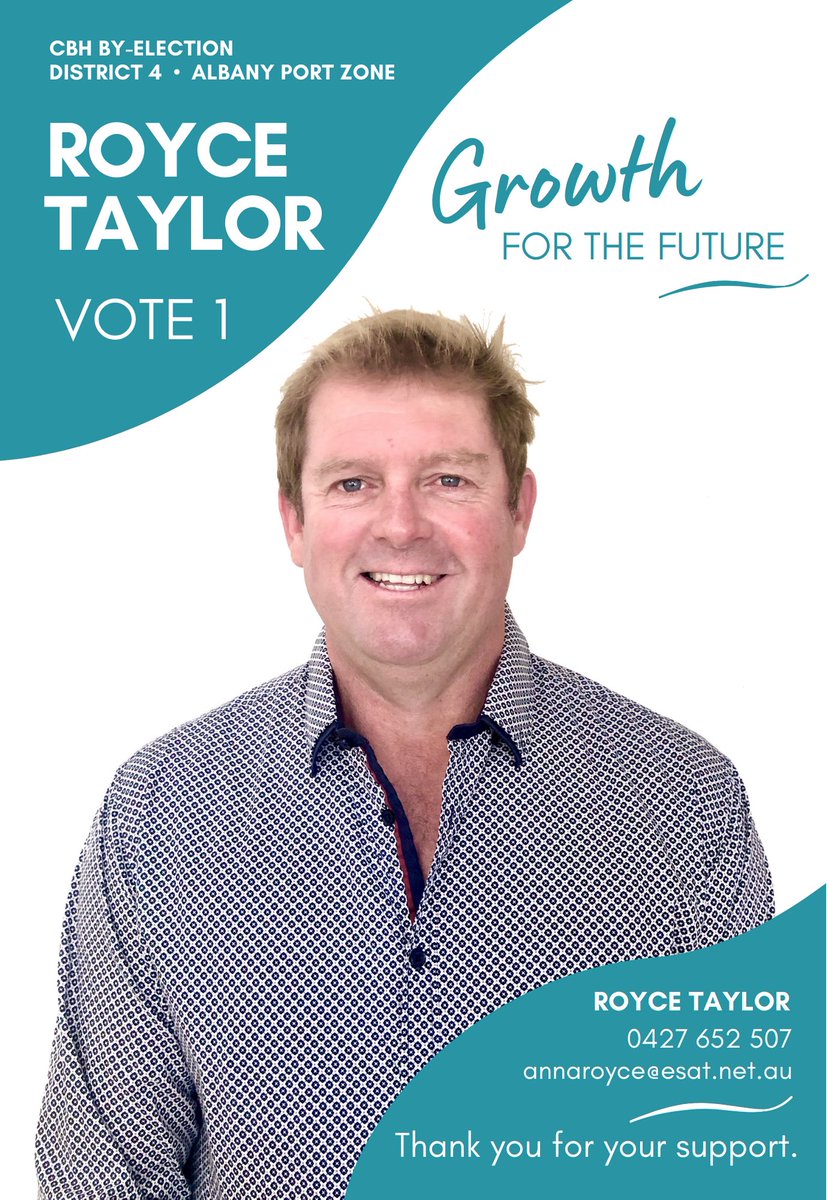 I’m standing for the CBH Board in the by-election for District 4. 
Feel free to contact me at any time if you have any questions. 
Voting packs will be posted out this week so please make your vote count.
Click the link to find out more.
mailchi.mp/49278f128d45/v…