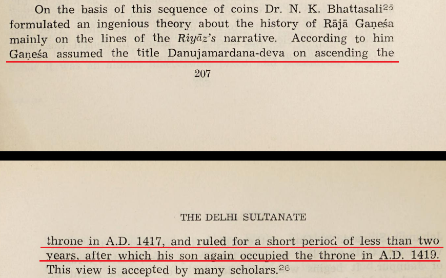 6.1416/17: The Chishti Shaikh, Nur Qutb-ul-Alam died. Seizing the opportunity, Raja Ganesh got his son to step down, and reconverted him to Hinduism!  #Gharwapsi According to accepted view of many scholars, Raja Ganesh assumed the title of Danujamardana-deva on re-ascension.