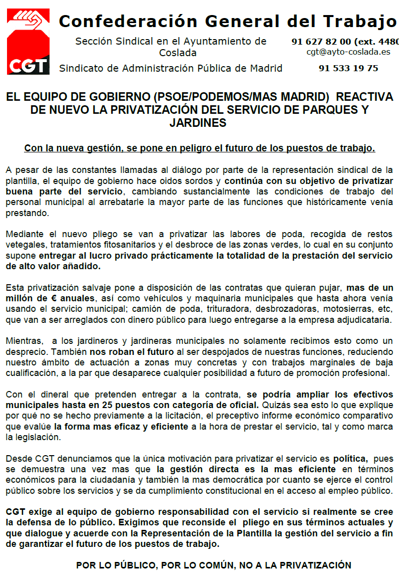 Comunicado sobre la privatización en el servicio de parques y Jardines.