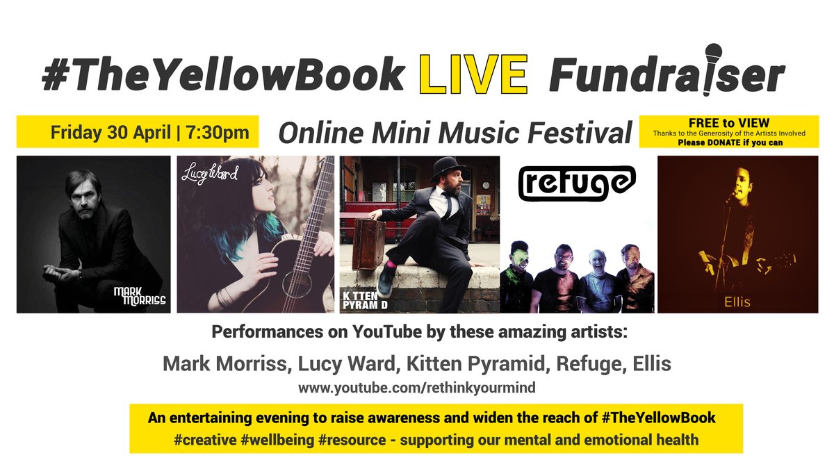 FRI 30 APR 7:30pm - Online Music Festival! FREE to view + donation button for those that can. Raising funds to provide #MentalHealth & #Wellbeing resources: youtube.com/watch?v=KuJsoQ… TY @TheQuill of @TheBluetones @LucyWardSings @kittenpyramid @musicfromrefuge @StudiosDeadline
