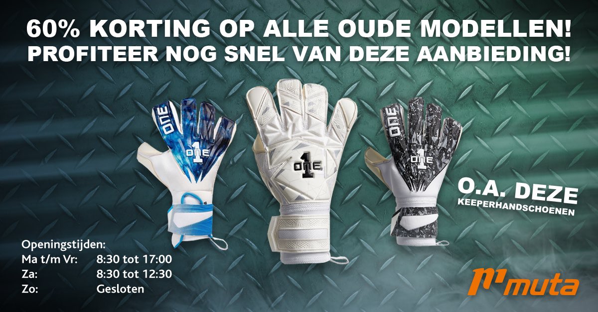 🧤⚽ Doelmannen opgelet: profiteer nu alleen in onze Teamshop (en niet in de webshop) van maar liefst 𝟲𝟬% 𝗸𝗼𝗿𝘁𝗶𝗻𝗴 op de oude collectie handschoenen van The One Glove! 

Kom snel langs voor een passessie, de openingstijden vind je hieronder! 👋🏼

#MutaSport #Teamshop