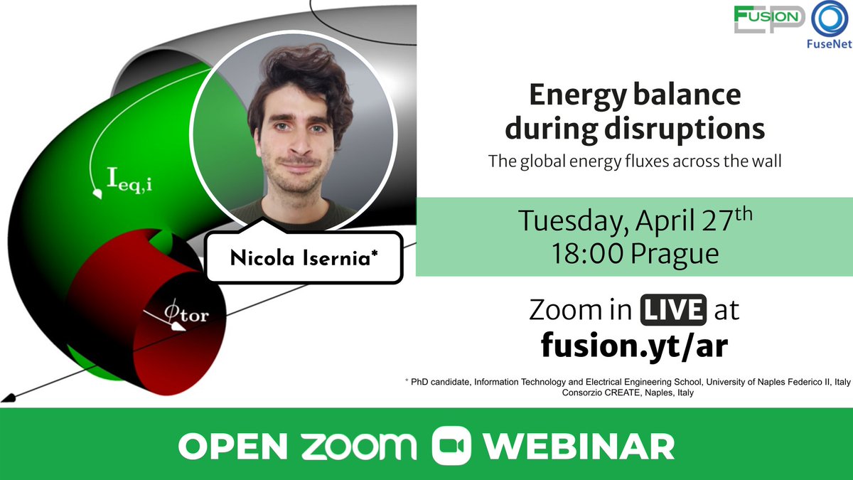 FusionInCloseUp's tweet image. How does energy flow out of a fusion plasma to the surrounding device during a disruption event? Nicola Isernia @UninaIT explains it all in tomorrow&apos;s #FusionEPtalks fusion.yt/ar
@FuseNet_eu #FusionInEurope
