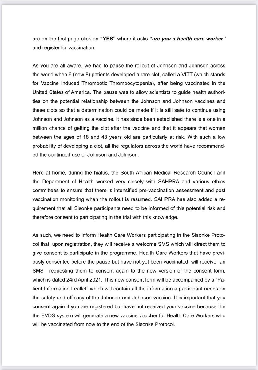 HealthZA's tweet photo. Today we are pleased to announce that, following SAHPRA’s recommendation on 17 April 2021 and Cabinet’s concurrence on 21 April 2021, the vaccine rollout will re- sume through the Sisonke Programme on Wednesday, 28 April 2021 #vaccine #VaccineRolloutSA https://t.co/wOrZ68THaz