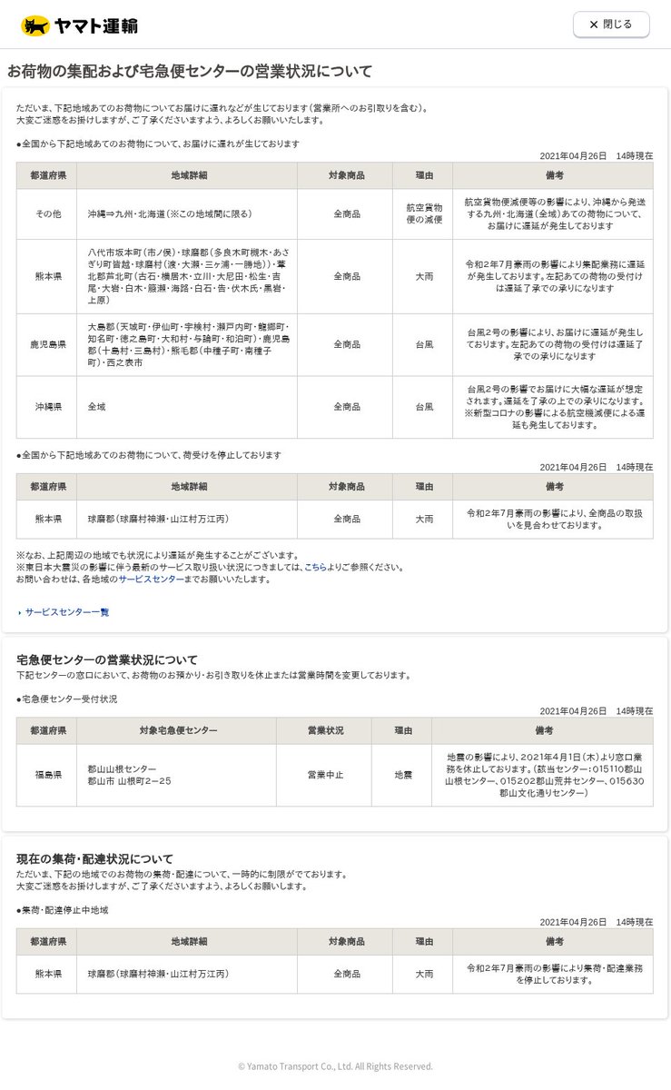 クロネコ遅延 على تويتر ヤマト運輸 4月26日14時現在 その他 沖縄 熊本 福島 鹿児島 お届けに遅れなどが生じております 全国からお届けに遅れが生じております お預かり お引き取りを休止または営業時間を変更しております 集荷 配達につ Https T Co