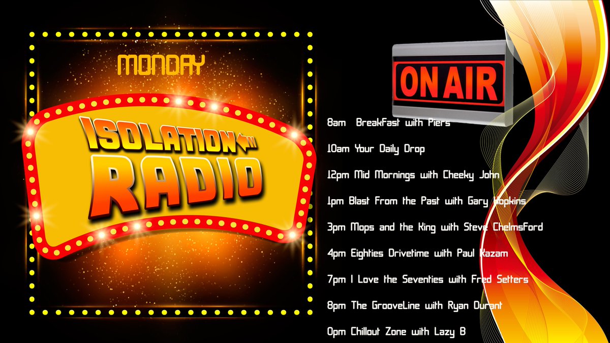 isolationradio1's tweet photo. Monday's line up on Isolation Radio HX...
8am- @breakfastshowhx 
10am-@YourDailyDrop 
12pm-Cheeky John.
1pm- @HopkinsGary
3pm- Steve Chelmsford.
4pm @80sdrivetime with @KazamPaul 
7pm- @fredshed66 
8pm- Ryan Durant.
10pm- @DJLazyB 
https://t.co/JpsfsZnQVn https://t.co/NQJ416WIcp