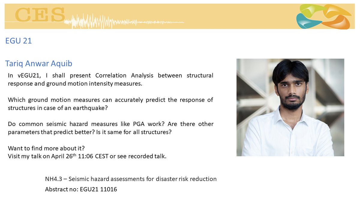 📢 Enjoy <a href="/tariq_aquib/">Tariq Anwar</a> presentation today at 11:06 | NH4.3| on 'Analysis of correlation between structural response and ground motion intensity measures': buff.ly/3gB5GzD .
#vEGU21 #EGU21 #vPICO #Seismology #KAUST #research <a href="/EuroGeosciences/">European Geosciences Union</a> <a href="/EGU_Seismo/">EGU Seismology</a>