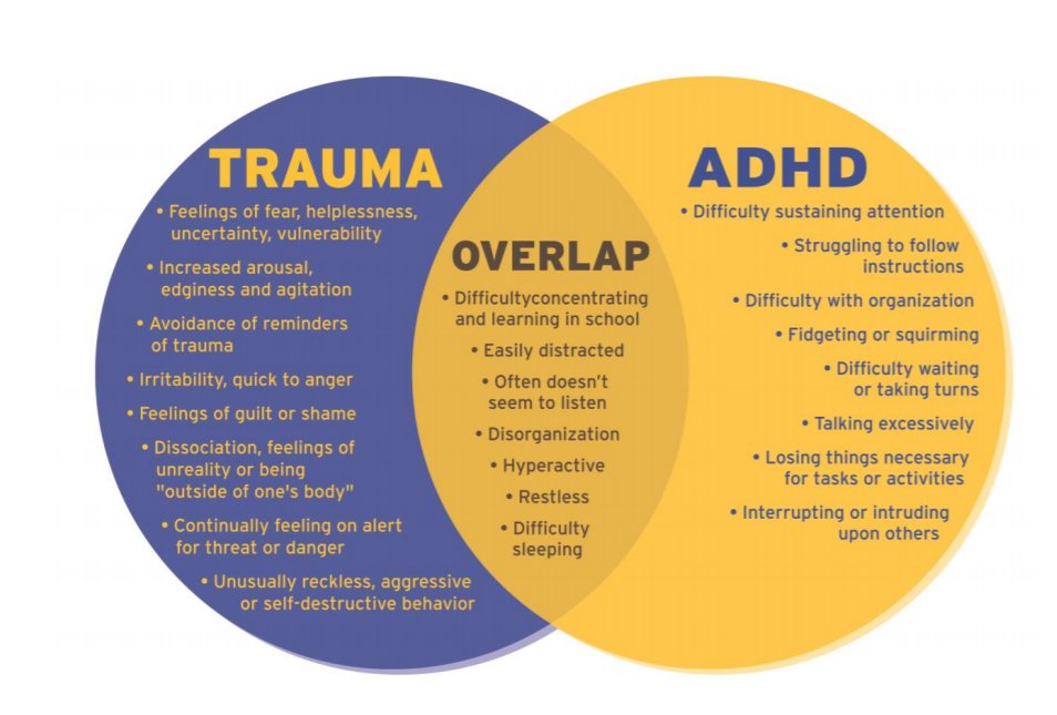 However, I CAN see how people think ADHD is just a trauma response, bc they have lots of symptoms in common. This diagram from a paper I read is simplistic, but helps demonstrate how one can appear like the other, and how they can look the same from the outside. 3/16