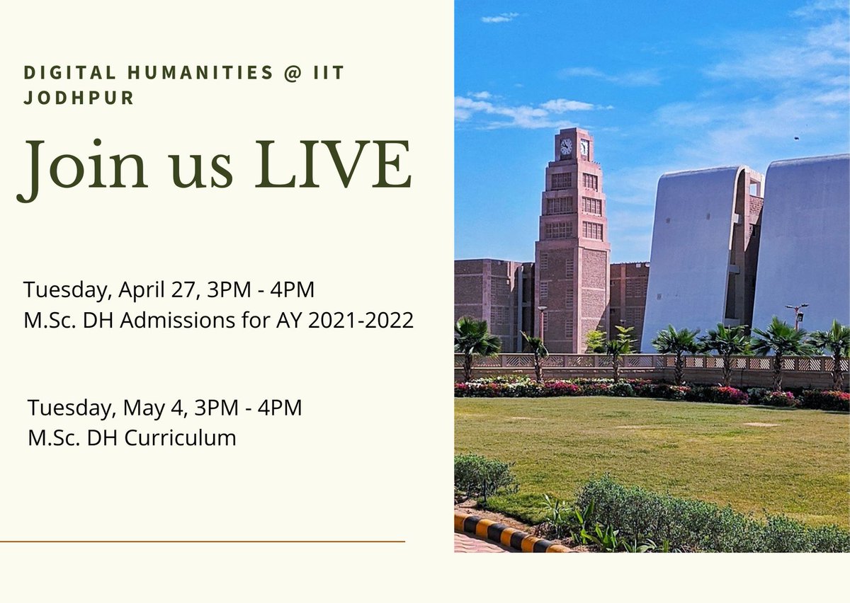 We look forward to interacting with you! 
Join us LIVE on:
April 27 at 3PM for M.Sc. DH Admissions (AY 2021-2022)
May 4 at 3PM to know about the M.Sc. DH Curriculum
The LIVE sessions shall be streamed on our FB page
bit.ly/3sTI5MV