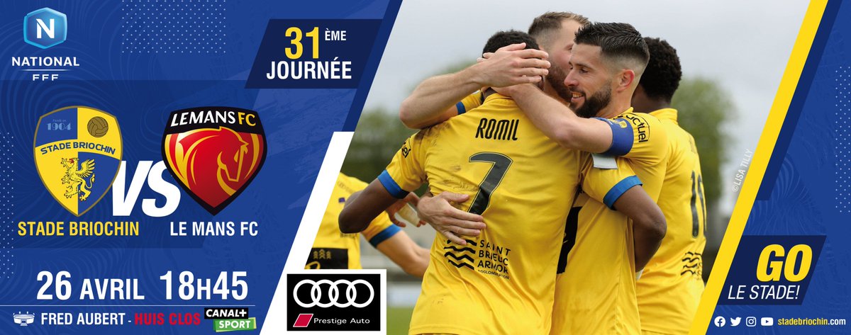 StadeBriochin's tweet photo. [Jour de match]

https://t.co/iT9mR5CxML vous présente...

⚽️ Stade Briochin 🆚 @LEMANSFC
J3️⃣1️⃣ Championnat #NationalFFF
🏟️ Stade Fred Aubert 
⏰ 18H45
📺 Match à suivre sur @CanalplusSport
📲 #SBLMFC

#GoLeStade💛💙 https://t.co/Ig9YSZkHM8