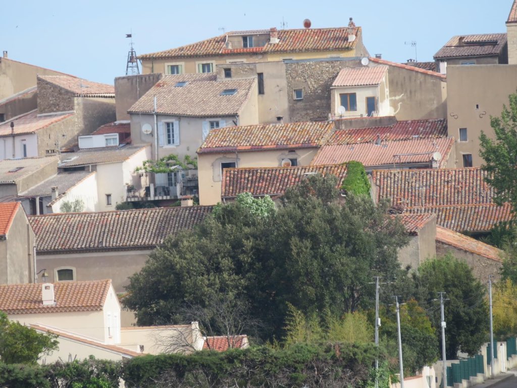 Right in the middle is our terrace in Thezan. Note our roof,even though replaced in 2008,had to follow the bockety shape of the house(which is built into the old town wall)