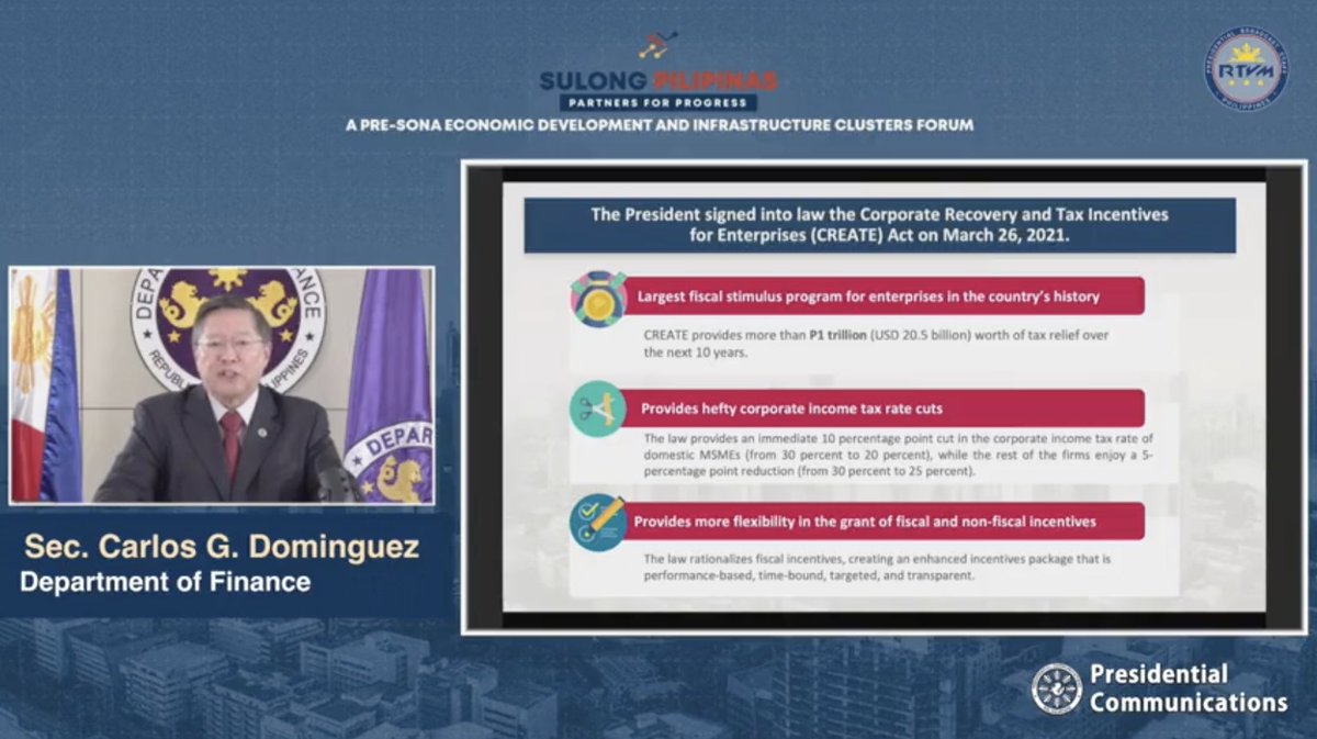 Dominguez: "We finally passed CREATE Act...which makes our comprehensive tax reform program nearly complete. CREATE is the largest fiscal stimulus for businesses in our recent history..."Bad timing. Won& #39;t this drain the public coffers now? Kala ko ba kelangan natin ng pera?!