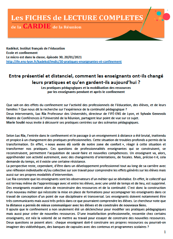 CardieReunion's tweet image. La @CardieReunion vous propose deux nouvelles fiches de lecture : l'une sur des formations à distance basées sur la collaboration, l'autre sur Kadékol n°30 (École et confinement) @educIFE . Pour les télécharger, c'est ici : pedagogie.ac-reunion.fr/cardie.html @TeyssendierL @AdelineLefevre5