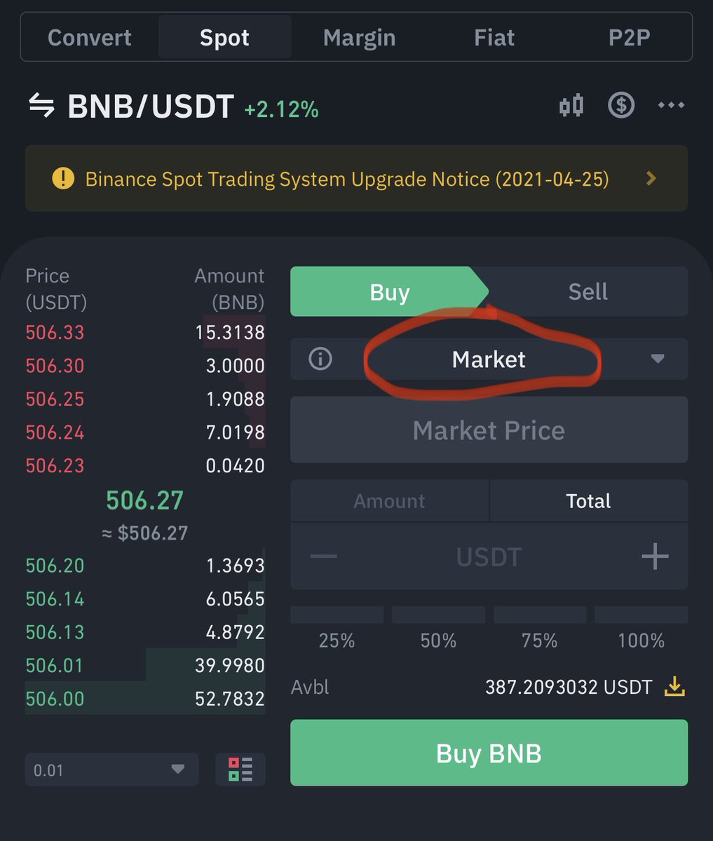-Click Buy (It’s on ‘Buy’ by default)-Make sure it shows ‘Market’ and input the amount of BNB you want to buy in USDT-Click Buy BNB and your order will be executed. Go back to Wallet to see your BNB balance
