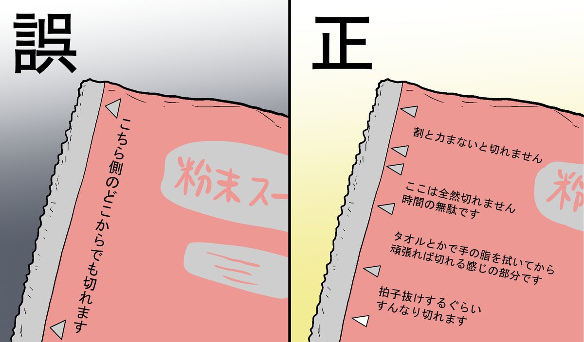 粉末スープとかの袋の「こちら側のどこからでも切れます」って表記、どこからでも切れた試しがほぼないのでこのように正しく表記して頂きたい。 