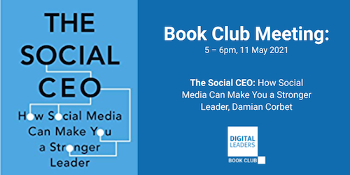 DamianCorbet's tweet photo. I'm excited that #TheSocialCEO is the @DigiLeaders Book of the Month in May! Join me and 2 of the contributors, @michellecarvill &amp; @NicolaBrentnall, to discuss the book and why social media is so important for leaders. More info: https://t.co/SrTvm4Doat

#SocialCEO #DigitalLeader https://t.co/xNtni04B4F
