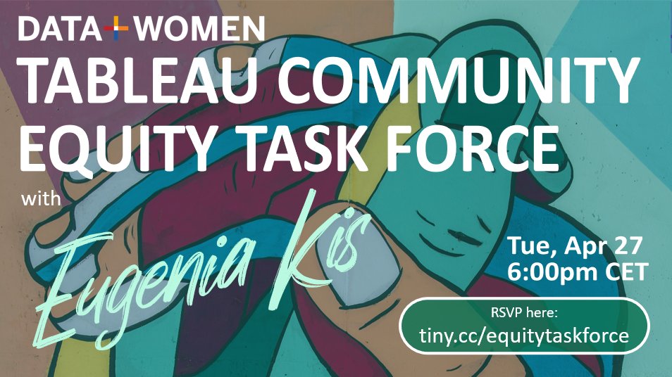 Another fabulous #DataPlusWomen Germany event coming up, tomorrow (Apr 27) at 6pm CEST! We're hosting <a href="/talva_cz/">Eugenia Kis</a> who will talk to us about the <a href="/tableau/">Tableau</a> Community Equity Task Force. Join us: usergroups.tableau.com/equitytaskforce
