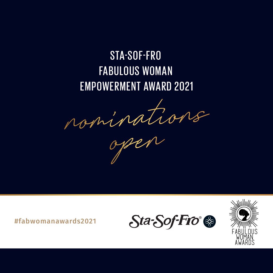 It’s remarkable to be backed by institutions like @stasoffro_hair to propel the work we’ve been doing to inspire, educate and empower women and girls.

Nominate a Fabulous Woman for Sta-So-Fro Fabulous Woman Empowerment Award 2021.
#fabwomanawards2021#fabgirls
#womenempowerment#