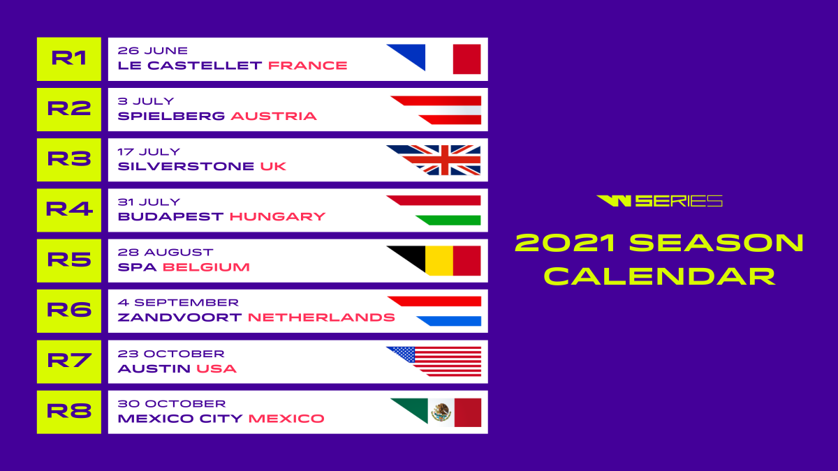📢 ᴛᴡᴏ ᴍᴏɴᴛʜꜱ ᴛᴏ ɢᴏ

With our 2021 season kicking off on 26th June, here's a reminder of our eight race calendar, in partnership with <a href="/F1/">Formula 1</a>. 🗓️

#WSeries #RethinkRacing