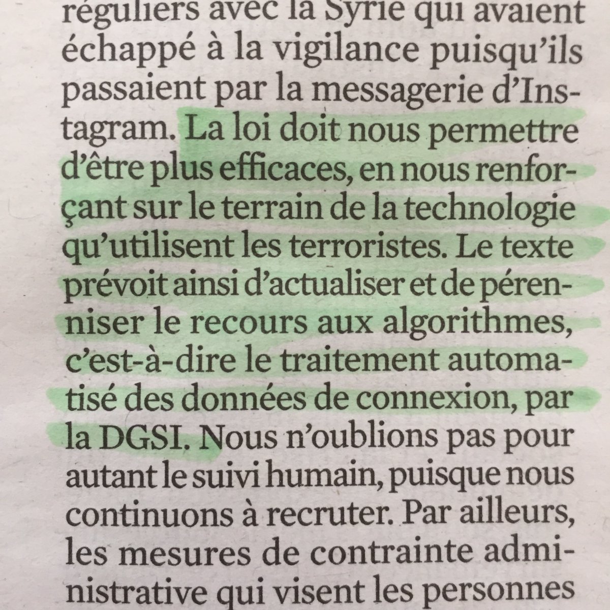 Dans le JDD,  @GDarmanin confirme ce qu’écrivait Le Monde il y a 10 jours : le projet de loi renseignement qu’il présentera mercredi doit « pérenniser le recours aux algorithmes, c’est à dire le traitement automatique des données de connexion par la DGSI » (et par Palantir, NDLR).