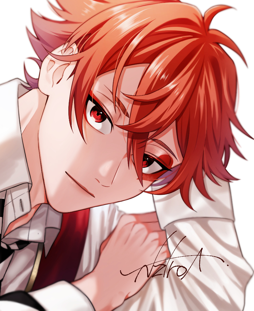 1boy male focus red eyes red hair solo looking at viewer shirt  illustration images