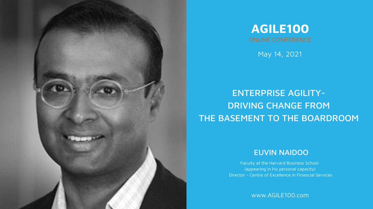 <a href="/EuvinNaidoo/">Euvin Naidoo</a>, Faculty at the <a href="/HarvardHBS/">Harvard Business School</a> (appearing in his personal capacity) will be speaking about: "Enterprise Agility - Driving Change from the Basement to the Boardroom". Join us on May 14th at 5:30 CEST for his session!
#leadership #agile #scrum #change