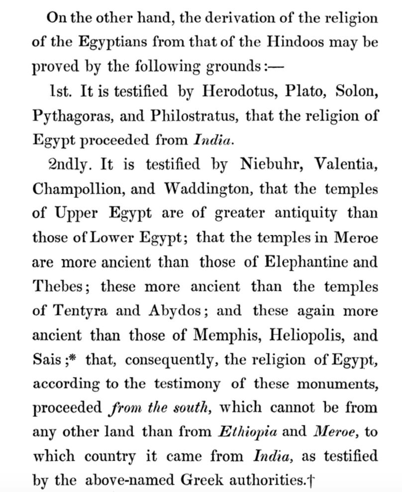 Björnstjerna gives an elaborate set of similarities between the extinct Egyptian religion and the Hindoo religion, the worship of Ammon with Śiva, and ultimately concludes that even Egypt derived its religion and accompanied sciences from India.