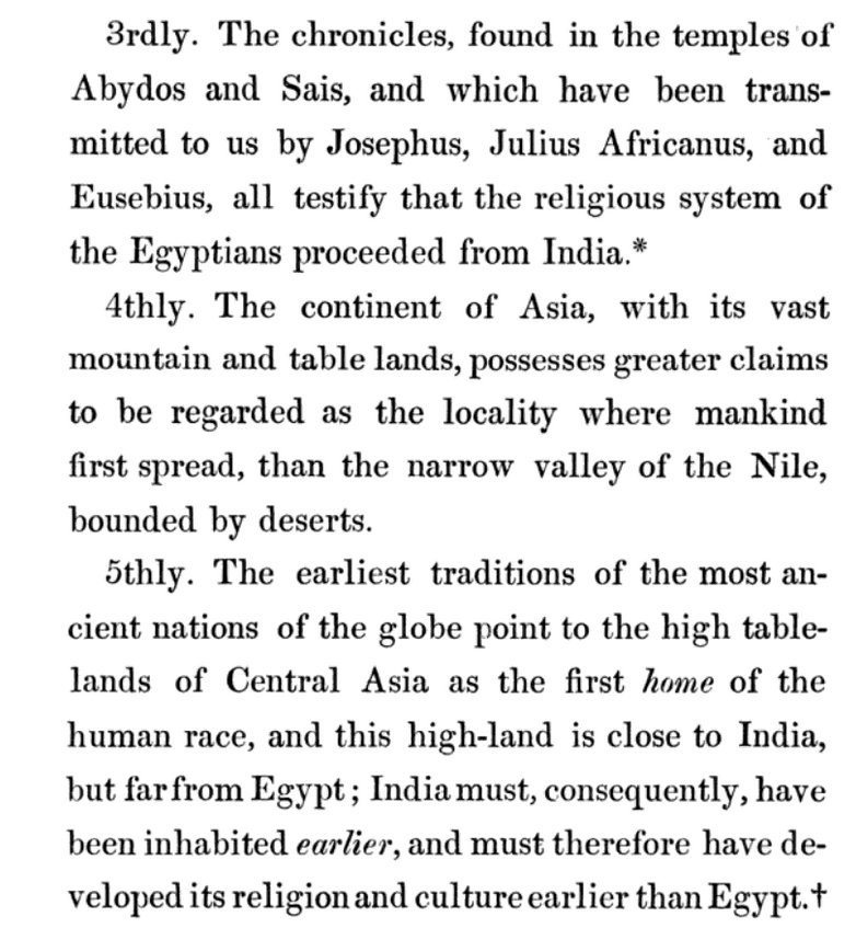 Björnstjerna says that highlands of Central Asia (the Mēru mountain region by the Caspian sea) were remembered in multiple cultures to be the origin of their race, and that this is geographically close to India. So this antiquity of India was a very old imagination.