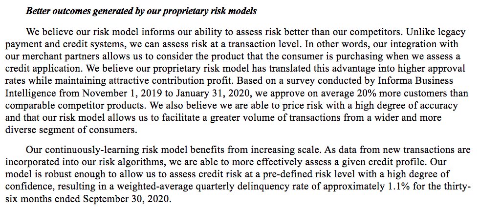 Competitive edge:  $AFRM uses AI/ML to create risk model which allows the company to have higher approval rate + lower fraud rate than traditional credit underwriting model. (20% higher according to S-1). This also allow their delinquency rate to improve over 66% from almost 3%